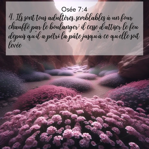 Segond21 Osée  ; image nature: image avec le verset biblique :Ils sont tous adultères, semblables à un four chauffé par le boulanger: il cesse d&#039;attiser le feu depuis qu&#039;il a pétri la pâte jusqu&#039;à ce qu&#039;elle soit levée. ;  ; 7:4