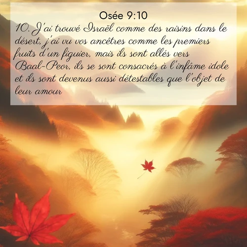 Segond21 Osée  ; image nature: image avec le verset biblique :J&#039;ai trouvé Israël comme des raisins dans le désert, j&#039;ai vu vos ancêtres comme les premiers fruits d&#039;un figuier, mais ils sont allés vers Baal-Peor, ils se sont consacrés à l&#039;infâme idole et ils sont devenus aussi détestables que l&#039;objet de leur amour. ;  ; 9:10