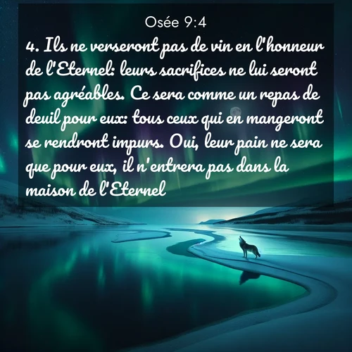 Segond21 Osée  ; image nature: image avec le verset biblique :Ils ne verseront pas de vin en l&#039;honneur de l&#039;Eternel: leurs sacrifices ne lui seront pas agréables. Ce sera comme un repas de deuil pour eux: tous ceux qui en mangeront se rendront impurs. Oui, leur pain ne sera que pour eux, il n&#039;entrera pas dans la maison de l&#039;Eternel. ;  ; 9:4
