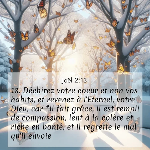 Segond21 Joël  ; image nature: image avec le verset biblique :Déchirez votre coeur et non vos habits, et revenez à l&#039;Eternel, votre Dieu, car *il fait grâce, il est rempli de compassion, lent à la colère et riche en bonté, et il regrette le mal qu&#039;il envoie. ;  ; 2:13