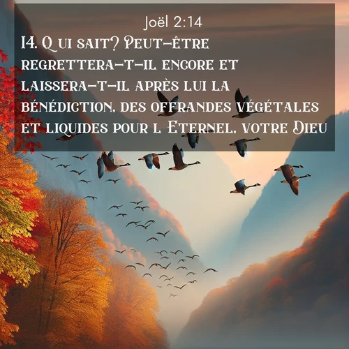Segond21 Joël  ; image nature: image avec le verset biblique :Qui sait? Peut-être regrettera-t-il encore et laissera-t-il après lui la bénédiction, des offrandes végétales et liquides pour l&#039;Eternel, votre Dieu. ;  ; 2:14