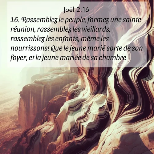 Segond21 Joël  ; image nature: image avec le verset biblique :Rassemblez le peuple, formez une sainte réunion, rassemblez les vieillards, rassemblez les enfants, même les nourrissons! Que le jeune marié sorte de son foyer, et la jeune mariée de sa chambre! ;  ; 2:16