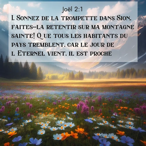 Segond21 Joël  ; image nature: image avec le verset biblique :Sonnez de la trompette dans Sion, faites-la retentir sur ma montagne sainte! Que tous les habitants du pays tremblent, car le jour de l&#039;Eternel vient, il est proche: ;  ; 2:1