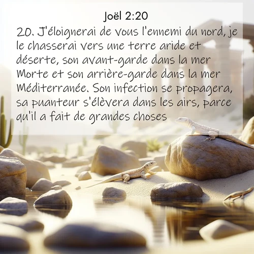 Segond21 Joël  ; image nature: image avec le verset biblique :J&#039;éloignerai de vous l&#039;ennemi du nord, je le chasserai vers une terre aride et déserte, son avant-garde dans la mer Morte et son arrière-garde dans la mer Méditerranée. Son infection se propagera, sa puanteur s&#039;élèvera dans les airs, parce qu&#039;il a fait de grandes choses. ;  ; 2:20