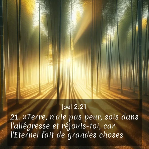 Segond21 Joël  ; image nature: image avec le verset biblique :»Terre, n&#039;aie pas peur, sois dans l&#039;allégresse et réjouis-toi, car l&#039;Eternel fait de grandes choses! ;  ; 2:21
