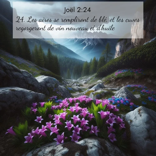 Segond21 Joël  ; image nature: image avec le verset biblique :Les aires se rempliront de blé, et les cuves regorgeront de vin nouveau et d&#039;huile. ;  ; 2:24