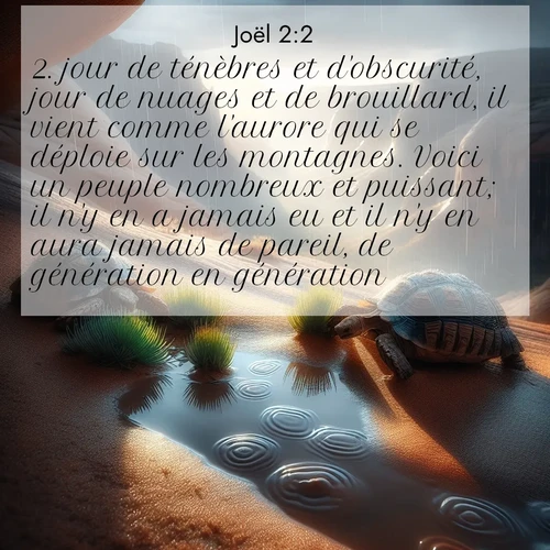 Segond21 Joël  ; image nature: image avec le verset biblique :jour de ténèbres et d&#039;obscurité, jour de nuages et de brouillard, il vient comme l&#039;aurore qui se déploie sur les montagnes. Voici un peuple nombreux et puissant; il n&#039;y en a jamais eu et il n&#039;y en aura jamais de pareil, de génération en génération. ;  ; 2:2