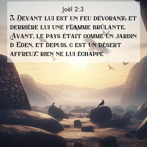 Segond21 Joël  ; image nature: image avec le verset biblique :Devant lui est un feu dévorant, et derrière lui une flamme brûlante. Avant, le pays était comme un jardin d&#039;Eden, et depuis, c&#039;est un désert affreux: rien ne lui échappe. ;  ; 2:3