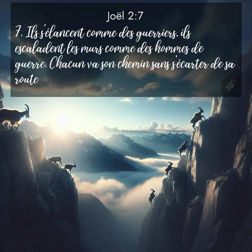 Segond21 Joël  ; image nature: image avec le verset biblique :Ils s&#039;élancent comme des guerriers, ils escaladent les murs comme des hommes de guerre. Chacun va son chemin sans s&#039;écarter de sa route. ;  ; 2:7