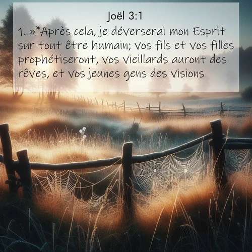 Segond21 Joël  ; image nature: image avec le verset biblique :»*Après cela, je déverserai mon Esprit sur tout être humain; vos fils et vos filles prophétiseront, vos vieillards auront des rêves, et vos jeunes gens des visions. ;  ; 3:1
