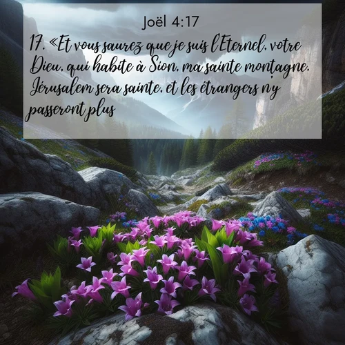 Segond21 Joël  ; image nature: image avec le verset biblique :«Et vous saurez que je suis l&#039;Eternel, votre Dieu, qui habite à Sion, ma sainte montagne. Jérusalem sera sainte, et les étrangers n&#039;y passeront plus. ;  ; 4:17