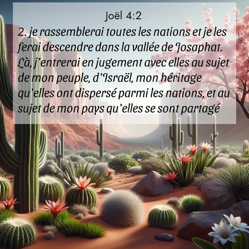 Segond21 Joël  ; image nature: image avec le verset biblique :je rassemblerai toutes les nations et je les ferai descendre dans la vallée de Josaphat. Là, j&#039;entrerai en jugement avec elles au sujet de mon peuple, d&#039;Israël, mon héritage qu&#039;elles ont dispersé parmi les nations, et au sujet de mon pays qu&#039;elles se sont partagé. ;  ; 4:2