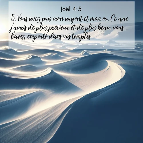 Segond21 Joël  ; image nature: image avec le verset biblique :Vous avez pris mon argent et mon or. Ce que j&#039;avais de plus précieux et de plus beau, vous l&#039;avez emporté dans vos temples. ;  ; 4:5