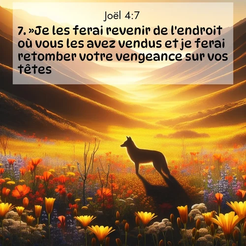 Segond21 Joël  ; image nature: image avec le verset biblique :»Je les ferai revenir de l&#039;endroit où vous les avez vendus et je ferai retomber votre vengeance sur vos têtes. ;  ; 4:7