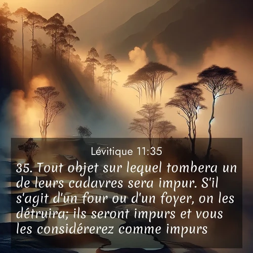 Segond21 Lévitique  ; image nature: image avec le verset biblique :Tout objet sur lequel tombera un de leurs cadavres sera impur. S&#039;il s&#039;agit d&#039;un four ou d&#039;un foyer, on les détruira; ils seront impurs et vous les considérerez comme impurs. ;  ; 11:35