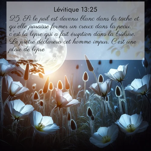 Segond21 Lévitique  ; image nature: image avec le verset biblique :Si le poil est devenu blanc dans la tache et qu&#039;elle paraisse former un creux dans la peau, c&#039;est la lèpre qui a fait éruption dans la brûlure. Le prêtre déclarera cet homme impur. C&#039;est une plaie de lèpre. ;  ; 13:25