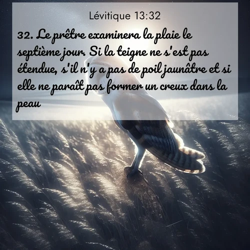 Segond21 Lévitique  ; image nature: image avec le verset biblique :Le prêtre examinera la plaie le septième jour. Si la teigne ne s&#039;est pas étendue, s&#039;il n&#039;y a pas de poil jaunâtre et si elle ne paraît pas former un creux dans la peau, ;  ; 13:32