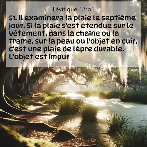 Segond21 Lévitique  ; image nature: image avec le verset biblique :Il examinera la plaie le septième jour. Si la plaie s&#039;est étendue sur le vêtement, dans la chaîne ou la trame, sur la peau ou l&#039;objet en cuir, c&#039;est une plaie de lèpre durable. L&#039;objet est impur. ;  ; 13:51