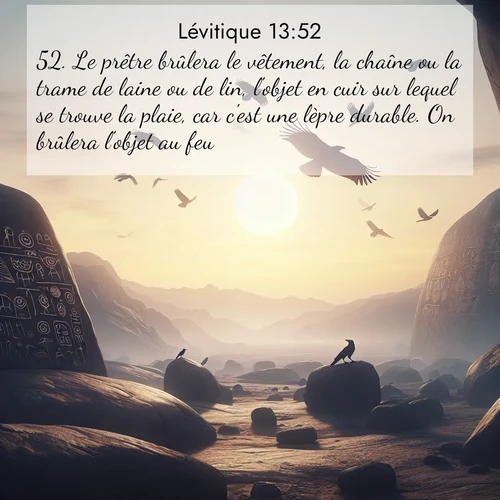 Segond21 Lévitique  ; image nature: image avec le verset biblique :Le prêtre brûlera le vêtement, la chaîne ou la trame de laine ou de lin, l&#039;objet en cuir sur lequel se trouve la plaie, car c&#039;est une lèpre durable. On brûlera l&#039;objet au feu. ;  ; 13:52