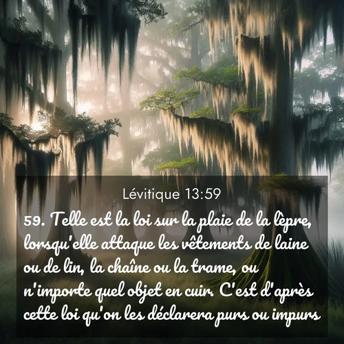 Segond21 Lévitique  ; image nature: image avec le verset biblique :Telle est la loi sur la plaie de la lèpre, lorsqu&#039;elle attaque les vêtements de laine ou de lin, la chaîne ou la trame, ou n&#039;importe quel objet en cuir. C&#039;est d&#039;après cette loi qu&#039;on les déclarera purs ou impurs. ;  ; 13:59