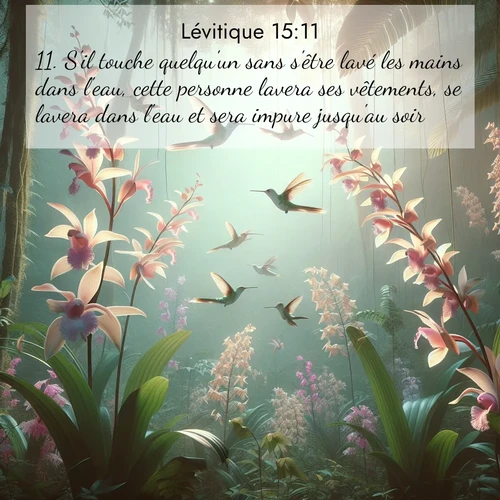 Segond21 Lévitique  ; image nature: image avec le verset biblique :S&#039;il touche quelqu&#039;un sans s&#039;être lavé les mains dans l&#039;eau, cette personne lavera ses vêtements, se lavera dans l&#039;eau et sera impure jusqu&#039;au soir. ;  ; 15:11