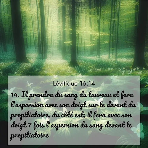 Segond21 Lévitique  ; image nature: image avec le verset biblique :Il prendra du sang du taureau et fera l&#039;aspersion avec son doigt sur le devant du propitiatoire, du côté est; il fera avec son doigt 7 fois l&#039;aspersion du sang devant le propitiatoire. ;  ; 16:14