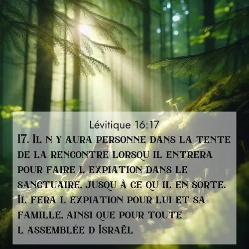 Segond21 Lévitique  ; image nature: image avec le verset biblique :Il n&#039;y aura personne dans la tente de la rencontre lorsqu&#039;il entrera pour faire l&#039;expiation dans le sanctuaire, jusqu&#039;à ce qu&#039;il en sorte. Il fera l&#039;expiation pour lui et sa famille, ainsi que pour toute l&#039;assemblée d&#039;Israël. ;  ; 16:17