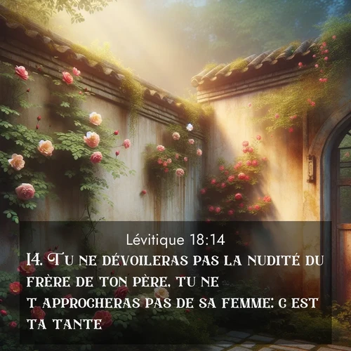 Segond21 Lévitique  ; image nature: image avec le verset biblique :Tu ne dévoileras pas la nudité du frère de ton père, tu ne t&#039;approcheras pas de sa femme: c&#039;est ta tante. ;  ; 18:14
