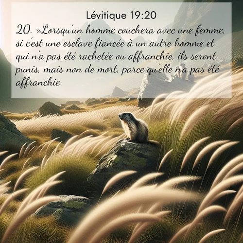 Segond21 Lévitique  ; image nature: image avec le verset biblique :»Lorsqu&#039;un homme couchera avec une femme, si c&#039;est une esclave fiancée à un autre homme et qui n&#039;a pas été rachetée ou affranchie, ils seront punis, mais non de mort, parce qu&#039;elle n&#039;a pas été affranchie. ;  ; 19:20