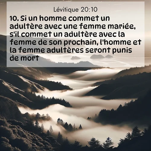 Segond21 Lévitique  ; image nature: image avec le verset biblique :Si un homme commet un adultère avec une femme mariée, s&#039;il commet un adultère avec la femme de son prochain, l&#039;homme et la femme adultères seront punis de mort. ;  ; 20:10