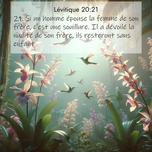 Segond21 Lévitique  ; image nature: image avec le verset biblique :Si un homme épouse la femme de son frère, c&#039;est une souillure. Il a dévoilé la nudité de son frère, ils resteront sans enfant. ;  ; 20:21
