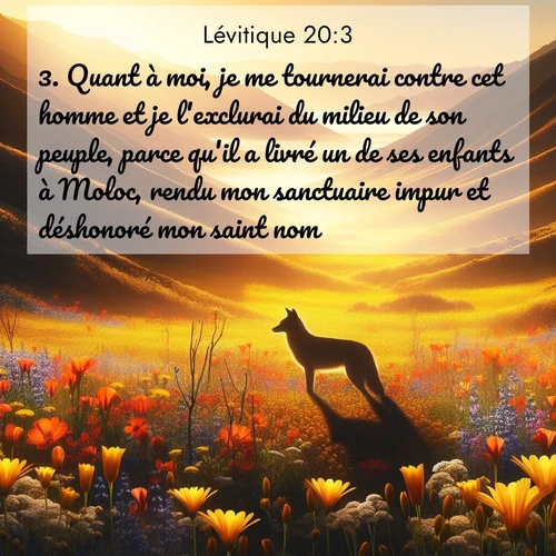 Segond21 Lévitique  ; image nature: image avec le verset biblique :Quant à moi, je me tournerai contre cet homme et je l&#039;exclurai du milieu de son peuple, parce qu&#039;il a livré un de ses enfants à Moloc, rendu mon sanctuaire impur et déshonoré mon saint nom. ;  ; 20:3