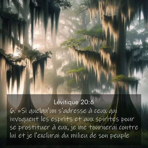 Segond21 Lévitique  ; image nature: image avec le verset biblique :»Si quelqu&#039;un s&#039;adresse à ceux qui invoquent les esprits et aux spirites pour se prostituer à eux, je me tournerai contre lui et je l&#039;exclurai du milieu de son peuple. ;  ; 20:6