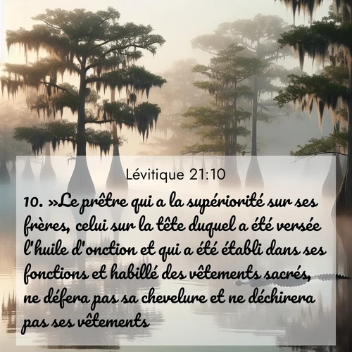 Segond21 Lévitique  ; image nature: image avec le verset biblique :»Le prêtre qui a la supériorité sur ses frères, celui sur la tête duquel a été versée l&#039;huile d&#039;onction et qui a été établi dans ses fonctions et habillé des vêtements sacrés, ne défera pas sa chevelure et ne déchirera pas ses vêtements. ;  ; 21:10