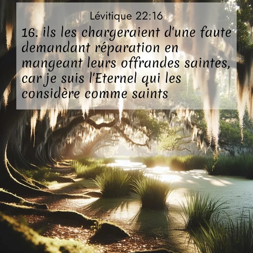 Segond21 Lévitique  ; image nature: image avec le verset biblique :ils les chargeraient d&#039;une faute demandant réparation en mangeant leurs offrandes saintes, car je suis l&#039;Eternel qui les considère comme saints.» ;  ; 22:16