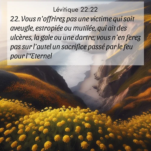 Segond21 Lévitique  ; image nature: image avec le verset biblique :Vous n&#039;offrirez pas une victime qui soit aveugle, estropiée ou mutilée, qui ait des ulcères, la gale ou une dartre; vous n&#039;en ferez pas sur l&#039;autel un sacrifice passé par le feu pour l&#039;Eternel. ;  ; 22:22
