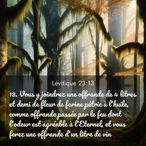 Segond21 Lévitique  ; image nature: image avec le verset biblique :Vous y joindrez une offrande de 4 litres et demi de fleur de farine pétrie à l&#039;huile, comme offrande passée par le feu dont l&#039;odeur est agréable à l&#039;Eternel, et vous ferez une offrande d&#039;un litre de vin. ;  ; 23:13