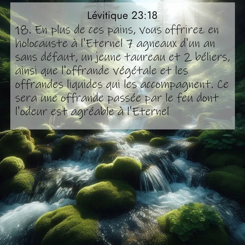 Segond21 Lévitique  ; image nature: image avec le verset biblique :En plus de ces pains, vous offrirez en holocauste à l&#039;Eternel 7 agneaux d&#039;un an sans défaut, un jeune taureau et 2 béliers, ainsi que l&#039;offrande végétale et les offrandes liquides qui les accompagnent. Ce sera une offrande passée par le feu dont l&#039;odeur est agréable à l&#039;Eternel. ;  ; 23:18