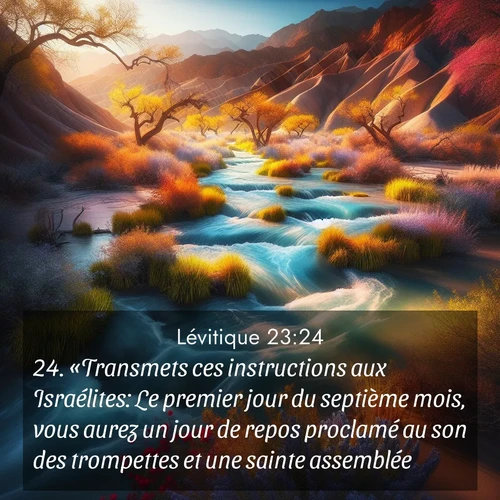 Segond21 Lévitique  ; image nature: image avec le verset biblique :«Transmets ces instructions aux Israélites: Le premier jour du septième mois, vous aurez un jour de repos proclamé au son des trompettes et une sainte assemblée. ;  ; 23:24