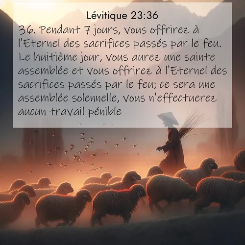 Segond21 Lévitique  ; image nature: image avec le verset biblique :Pendant 7 jours, vous offrirez à l&#039;Eternel des sacrifices passés par le feu. Le huitième jour, vous aurez une sainte assemblée et vous offrirez à l&#039;Eternel des sacrifices passés par le feu; ce sera une assemblée solennelle, vous n&#039;effectuerez aucun travail pénible. ;  ; 23:36