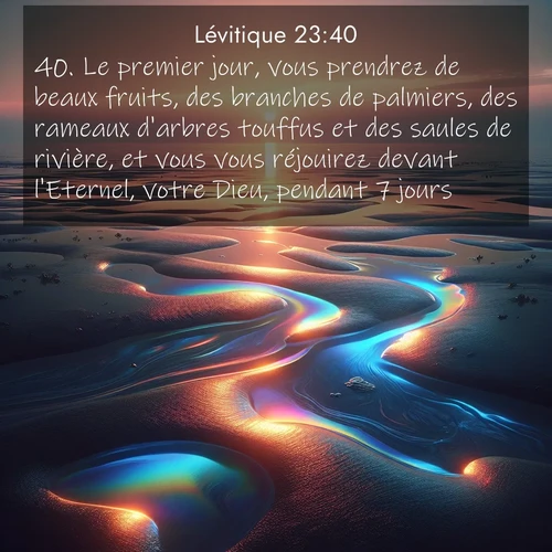 Segond21 Lévitique  ; image nature: image avec le verset biblique :Le premier jour, vous prendrez de beaux fruits, des branches de palmiers, des rameaux d&#039;arbres touffus et des saules de rivière, et vous vous réjouirez devant l&#039;Eternel, votre Dieu, pendant 7 jours. ;  ; 23:40