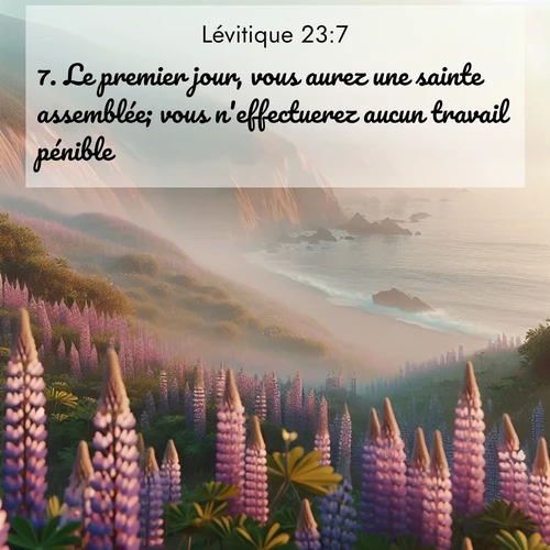 Segond21 Lévitique  ; image nature: image avec le verset biblique :Le premier jour, vous aurez une sainte assemblée; vous n&#039;effectuerez aucun travail pénible. ;  ; 23:7
