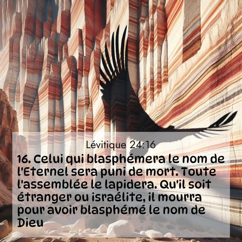 Segond21 Lévitique  ; image nature: image avec le verset biblique :Celui qui blasphémera le nom de l&#039;Eternel sera puni de mort. Toute l&#039;assemblée le lapidera. Qu&#039;il soit étranger ou israélite, il mourra pour avoir blasphémé le nom de Dieu. ;  ; 24:16