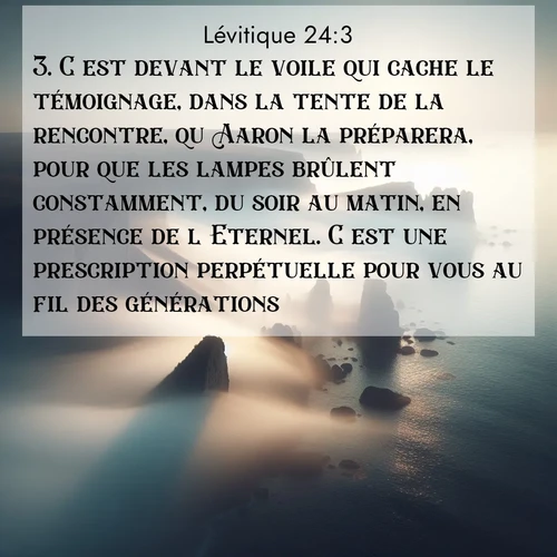 Segond21 Lévitique  ; image nature: image avec le verset biblique :C&#039;est devant le voile qui cache le témoignage, dans la tente de la rencontre, qu&#039;Aaron la préparera, pour que les lampes brûlent constamment, du soir au matin, en présence de l&#039;Eternel. C&#039;est une prescription perpétuelle pour vous au fil des générations. ;  ; 24:3