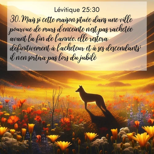 Segond21 Lévitique  ; image nature: image avec le verset biblique :Mais si cette maison située dans une ville pourvue de murs d&#039;enceinte n&#039;est pas rachetée avant la fin de l&#039;année, elle restera définitivement à l&#039;acheteur et à ses descendants; il n&#039;en sortira pas lors du jubilé. ;  ; 25:30