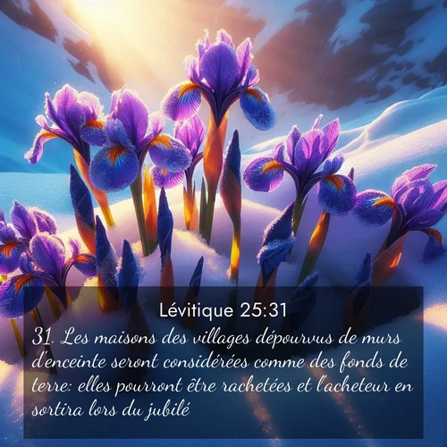 Segond21 Lévitique  ; image nature: image avec le verset biblique :Les maisons des villages dépourvus de murs d&#039;enceinte seront considérées comme des fonds de terre: elles pourront être rachetées et l&#039;acheteur en sortira lors du jubilé. ;  ; 25:31