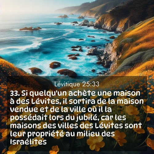 Segond21 Lévitique  ; image nature: image avec le verset biblique :Si quelqu&#039;un achète une maison à des Lévites, il sortira de la maison vendue et de la ville où il la possédait lors du jubilé, car les maisons des villes des Lévites sont leur propriété au milieu des Israélites. ;  ; 25:33
