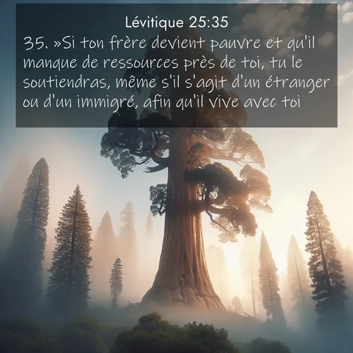 Segond21 Lévitique  ; image nature: image avec le verset biblique :»Si ton frère devient pauvre et qu&#039;il manque de ressources près de toi, tu le soutiendras, même s&#039;il s&#039;agit d&#039;un étranger ou d&#039;un immigré, afin qu&#039;il vive avec toi. ;  ; 25:35
