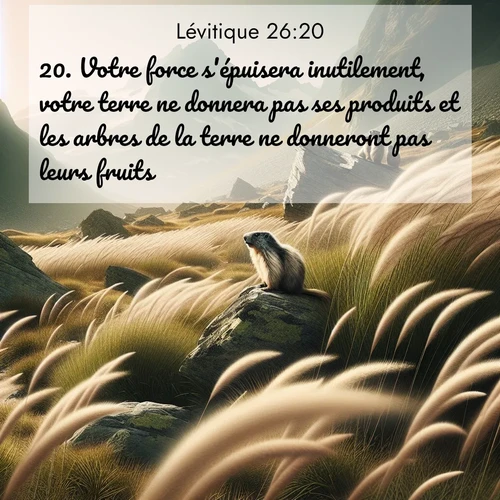 Segond21 Lévitique  ; image nature: image avec le verset biblique :Votre force s&#039;épuisera inutilement, votre terre ne donnera pas ses produits et les arbres de la terre ne donneront pas leurs fruits. ;  ; 26:20
