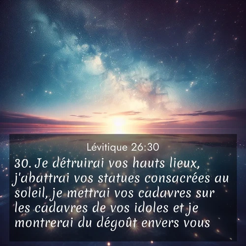 Segond21 Lévitique  ; image nature: image avec le verset biblique :Je détruirai vos hauts lieux, j&#039;abattrai vos statues consacrées au soleil, je mettrai vos cadavres sur les cadavres de vos idoles et je montrerai du dégoût envers vous. ;  ; 26:30